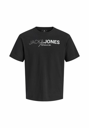 Tricou negru cu mâneci scurte, cu text alb „JACK & JONES Premium” imprimat pe piept, guler rotund și croială obișnuită.