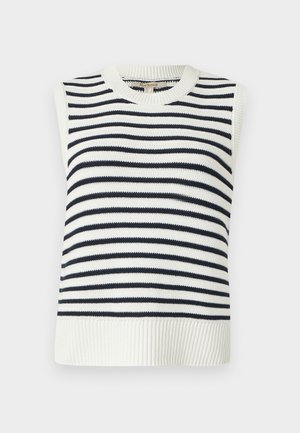 Varrukateta kootud top ümmarguse kaelusega, mis on kaunistatud tumesiniste ja valgete horisontaalsete triipudega, ribakantide ja sileda tekstuuriga.