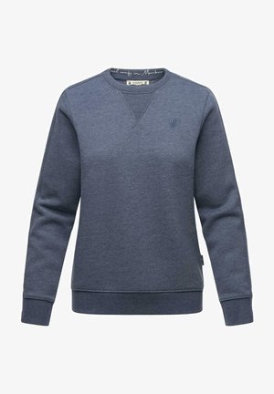 Felpa blu scuro con scollo a girocollo, polsini e orlo a costine. Presenta un piccolo design ricamato sul petto e una texture di tessuto morbida.