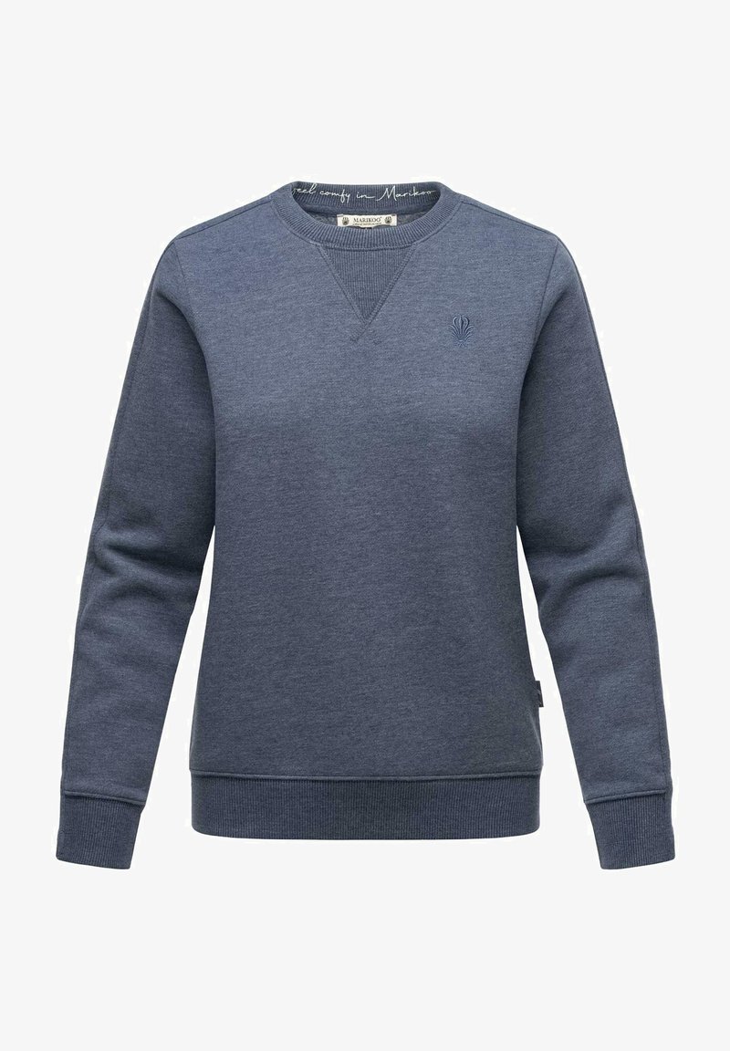 Sudadera azul oscura con cuello redondo, puños acanalados y dobladillo. Presenta un pequeño diseño bordado en el pecho y una textura de tela suave.