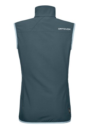 Sleeveless vest in dark teal fabric with a high collar, featuring light blue accents and branding on the upper back. Smooth texture and fitted design.