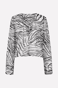 Transparente schwarze und weiße Cropped-Top mit einem Zebra-Streifenmuster, ausgestattet mit langen Ärmeln und einem Schnürdetail am Ausschnitt.