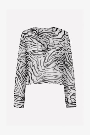 Transparente schwarze und weiße Cropped-Top mit einem Zebra-Streifenmuster, ausgestattet mit langen Ärmeln und einem Schnürdetail am Ausschnitt.