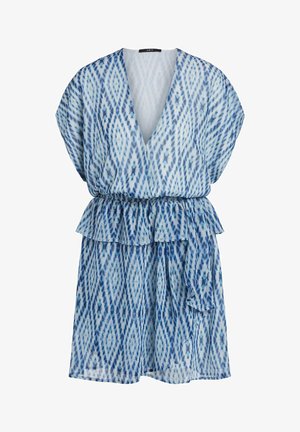 Blue patterned dress with a v-neck, short sleeves, and a tiered ruffle waist. Made of lightweight, sheer fabric with a tie belt.