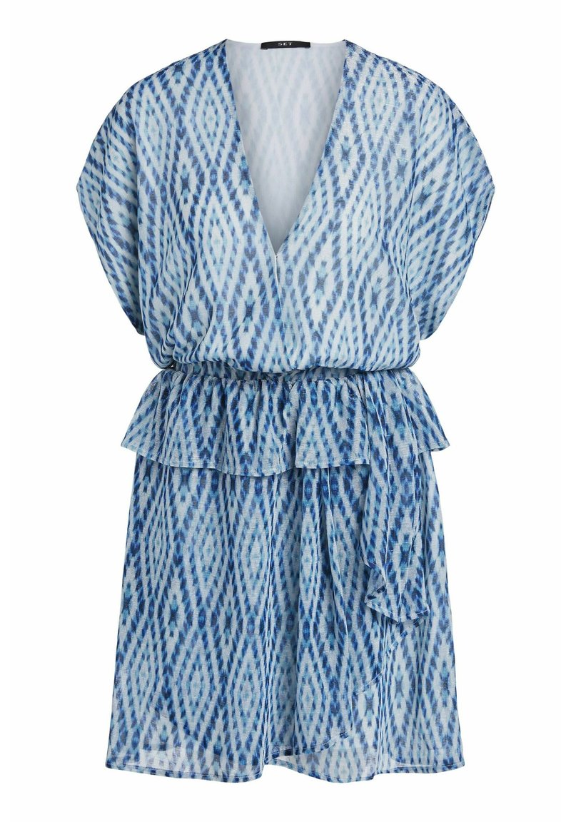 Blau gemustertes Kleid mit V-Ausschnitt, kurzen Ärmeln und einem geschichteten Rüschensaum. Hergestellt aus leichtem, durchscheinendem Stoff mit einem Bindeband.