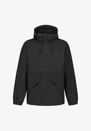 Een zwarte hoodie-jack van een matte stof, met een ritssluiting aan de voorkant, verstelbare trekkoorden en twee schuine voortassen.