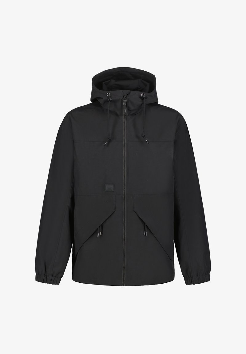 Mustat hupparitakki, joka on valmistettu mattapintaisesta kankaasta. Takissa on edessä vetoketju, säädettävät narut ja kaksi viistettyä etutaskua.