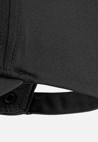 Black cap with a textured fabric, featuring a curved brim and an adjustable strap at the back, highlighted by a metal snap closure.