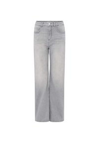 Jean en denim gris clair taille haute avec bouton et fermeture éclair devant, poches avant et jambes larges et droites.