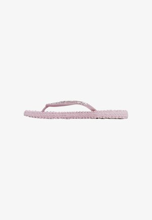Pink klipklappere med en flettet rusesål og skinnende glimmerdetaljer på stropperne, med et enkelt tange-design og glat tekstur.