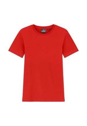 Rotes Baumwoll-T-Shirt mit kurzen Ärmeln und Rundhalsausschnitt, in einfarbigem Design, mit einem Etikett im Kragen.