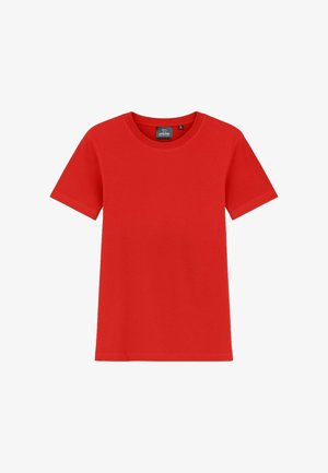 T-shirt rossa di cotone a maniche corte con scollatura rotonda e design a tinta unita, dotata di un'etichetta all'interno del colletto.