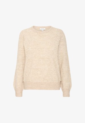 Beżowy sweter z okrągłym dekoltem, z teksturowaną powierzchnią i równomiernie rozmieszczonymi perłowymi akcentami. Długie rękawy z ściągaczami.