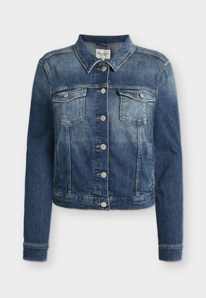 Veste en denim bleu à boutons sur le devant, deux poches poitrine à rabat, manches longues et col, présentée sur fond blanc.