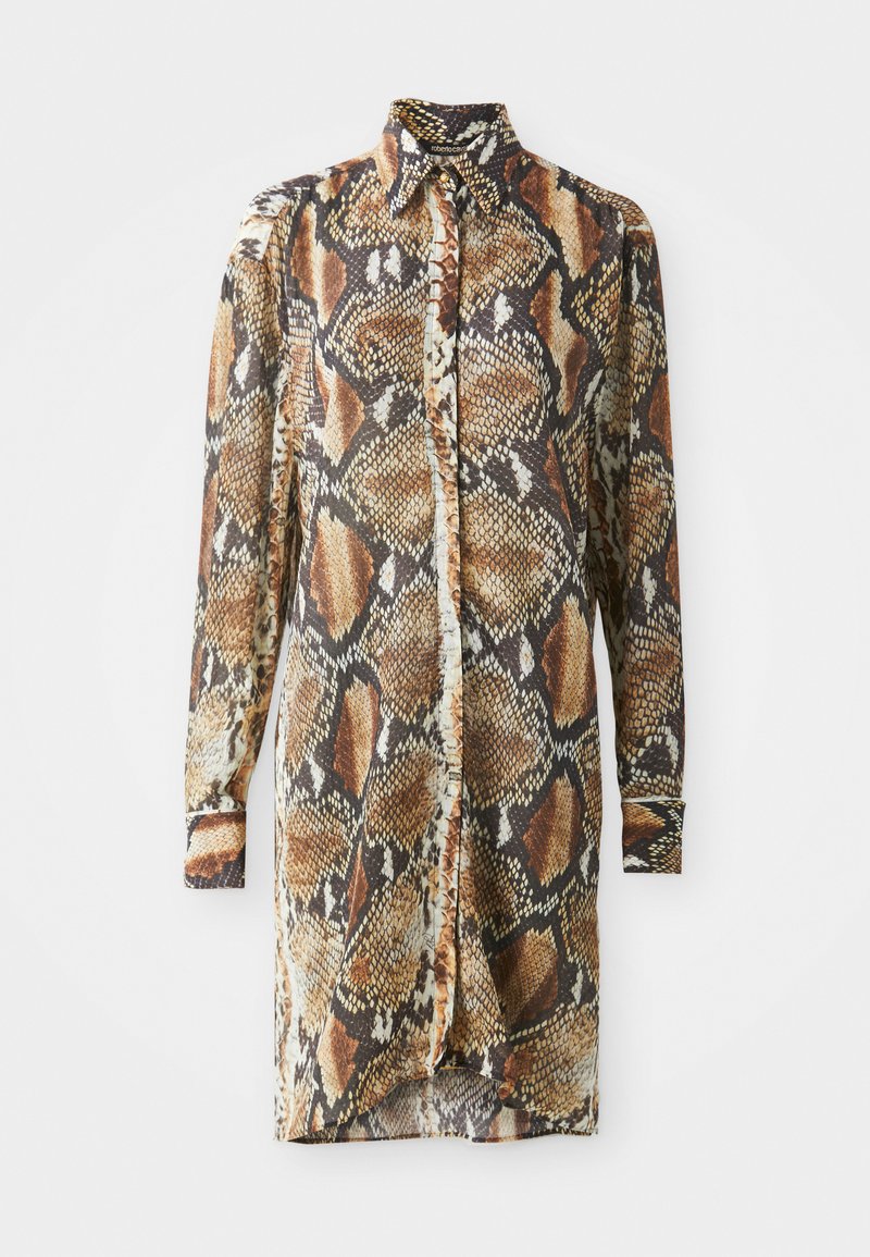Long shirt dress featuring a brown and beige snake print pattern, made of lightweight fabric with a classic collar and button front closure.