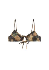 Bikini-Oberteil mit Tarnmuster, dünnen Trägern, verstellbarem Knoten vorne, weichem Material und glitzernden Akzenten in erdigen Farbtönen von Grün, Braun und Schwarz.