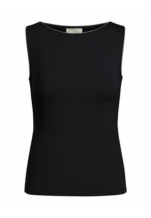 Schwarzes, ärmelloses, eng anliegendes Oberteil mit rundem Ausschnitt und einfachem Saum, entworfen für legere oder formelle Anlässe.