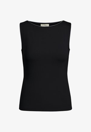 Schwarzes, ärmelloses, eng anliegendes Oberteil mit rundem Ausschnitt und einfachem Saum, entworfen für legere oder formelle Anlässe.