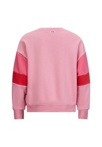 Felpa rosa con maniche lunghe, caratterizzata da sezioni a blocchi di colore in rosa chiaro e rosso. Texture liscia, collo a giro, e polsini a coste.