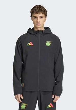 Joven con chaqueta con capucha negra con cremallera y pantalones con logotipos y emblemas verdes, amarillos y rojos en el pecho y el muslo.