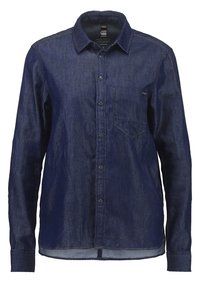 Mörkblå denimskjorta med långa ärmar, knäppning framtill, spetsig krage, enkel bröstficka och rak nederkant. Slät textur, klassisk design.