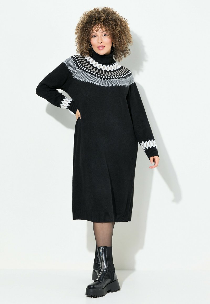 Ulla Popken NORWEGIAN STRIPED TURTLENECK  - Pletené šaty - black