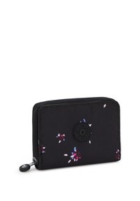 Black fabric wallet with floral pattern, zip closure, and logo detail. Rectangular shape with stitched edges and smooth texture.