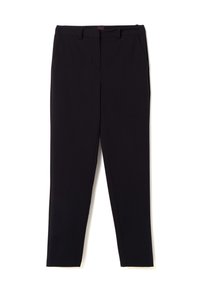Černé kalhoty vyrobené z hladkého materiálu, se slim fit střihem, poutky na pásek, bočními kapsami a plochým předním designem.