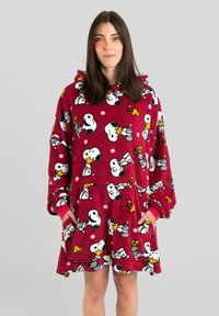 Red fleece hoodie dress featuring an all-over print of Snoopy and Woodstock, with a kangaroo pocket and polka dot accents.