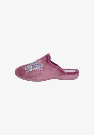 Zapatillas de felpa rosa con textura peluda, parte trasera abierta y detalle de bordado floral en la parte superior. Suela flexible para mayor comodidad.