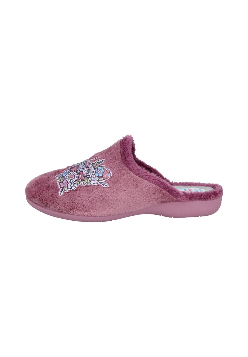 Zapatillas de felpa rosa con textura peluda, parte trasera abierta y detalle de bordado floral en la parte superior. Suela flexible para mayor comodidad.