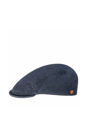 Flat dark blue fabric flat cap with subtle ribbed texture and small round red and gold logo badge on side.