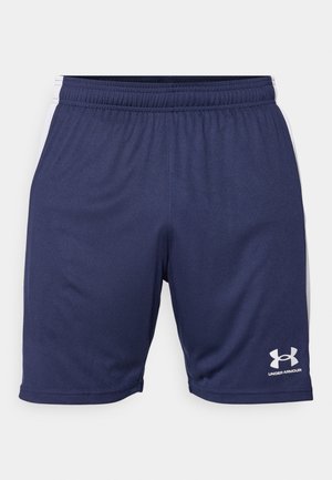 Jūrų sportiniai šortai su elastinga juosmena, baltais šonais ir sidabriniu Under Armour logotipu apatiniame kairiajame kampe. Lygus audinio paviršius.