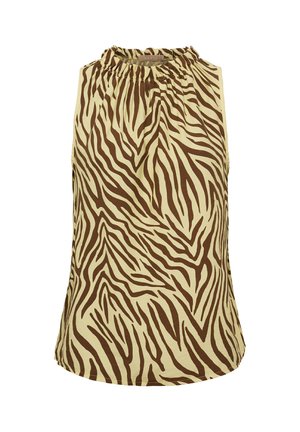 Ærmeløs top med brune og beige zebra-striber og en rynket elastisk halsudskæring.