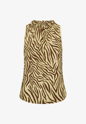 Ærmeløs top med brune og beige zebra-striber og en rynket elastisk halsudskæring.