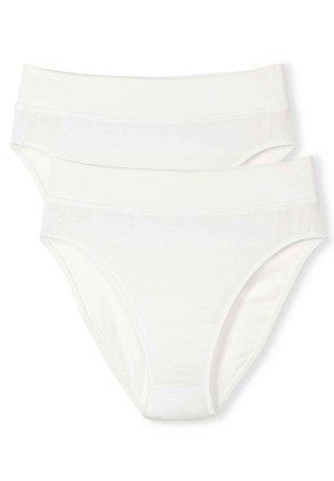 Due paia di mutande bianche realizzate in tessuto morbido ed elastico. Presentano una cintura liscia e un design classico a slip con una copertura completa del sedere.
