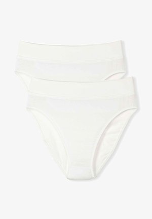 Twee paar witte onderbroeken gemaakt van zachte, rekbare stof. Ze hebben een zachte tailleband en een klassiek slipontwerp met volledige dekking aan de achterkant.