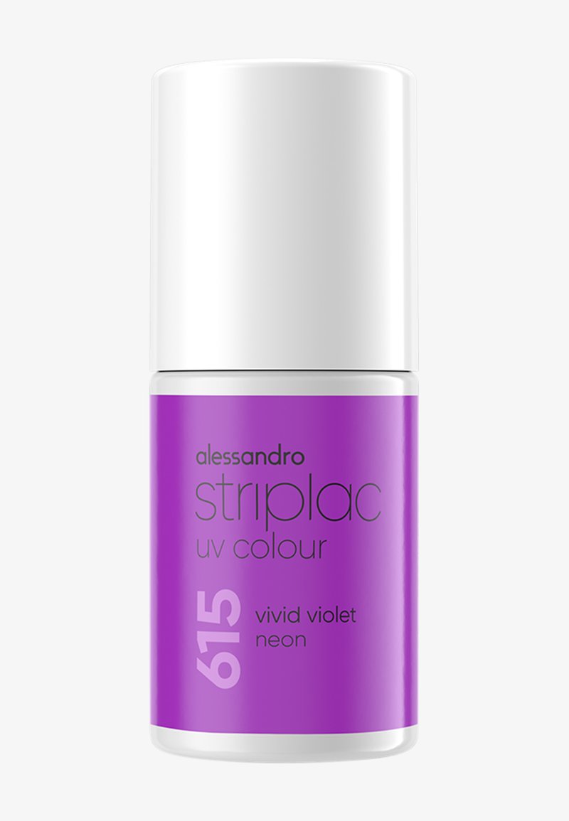 Bouteille de vernis à ongles violet avec un capuchon blanc. L'étiquette indique "alessandro striplac UV couleur 615 violet néon vif". Fini lisse et brillant.