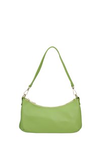 Borsa a spalla in pelle verde con finitura testurizzata, dalla forma curvata e con apertura zip. Presenta una sola tracolla con accessori in tonalità dorata.