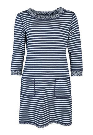 Gestreiftes Kleid mit Dreiviertelärmeln, marineblauen und weißen Streifen, zwei vorderen Taschen sowie einem blumenmusterverzierten Ausschnitt und Ärmelsäumen.