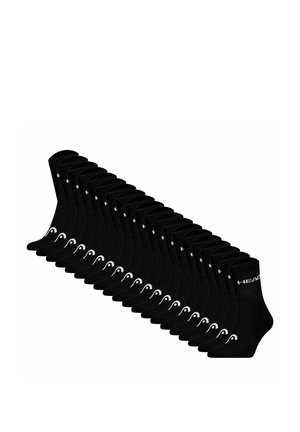Satz von sechzehn schwarzen Knöchelsocken, diagonal angeordnet, jede mit einem weißen Logo nahe den Zehen und dem Markennamen am Bündchen.