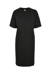 Zwarte midi-jurk met korte mouwen, ronde hals, losse pasvorm en subtiele zijsplit.