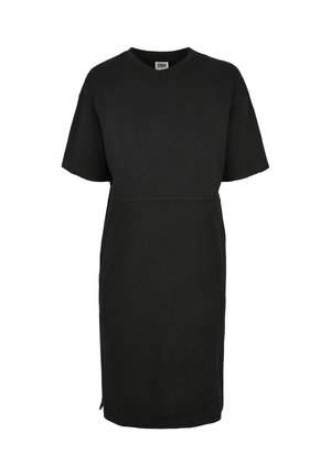 Must lühikeste varrukatega midi-kleit ümara kaelusega, lahtise lõike ja peene külje lõhikuga.