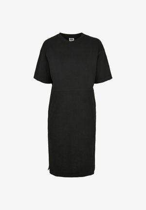 Must lühikeste varrukatega midi-kleit ümara kaelusega, lahtise lõike ja peene külje lõhikuga.