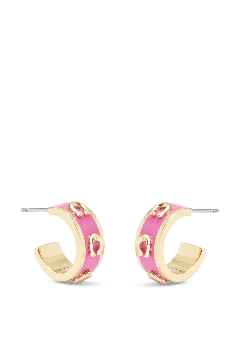 Gouden creolen met een felroze emaille band en kleine decoratieve schakels rondom de buitenkant. Rvs-stiften voor het bevestigen.