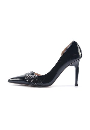 Black patent leather pump with a pointed toe, three strap accents near the vamp, and a slim stiletto heel. Smooth, glossy finish.