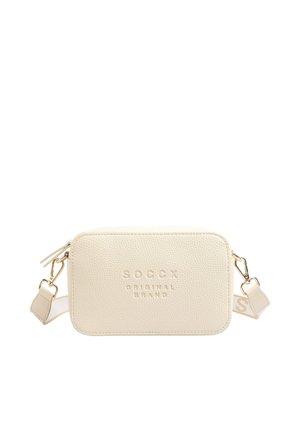 Small cream-colored textured crossbody bag with gold hardware and detachable strap, embossed with "SOCCX ORIGINAL BRAND" on front.