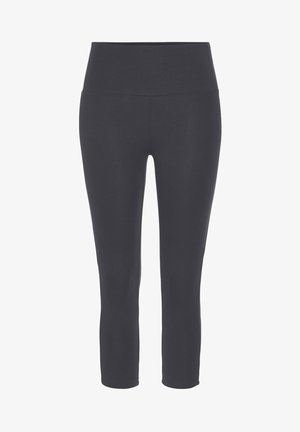 Black fitted capri leggings made from stretchy fabric, featuring a high waistband and smooth texture, with no visible patterns or designs.
