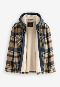 Geruite jas met een beige en blauw patroon, voorzien van een zachte, crèmekleurige fleece voering en een donkerblauwe capuchon met trekkoorden.