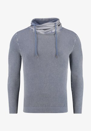 Blue knit pullover with a hood, featuring a textured pattern and drawstrings. Fitted sleeves and a ribbed hem complete the design.